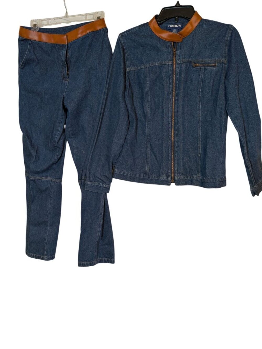 Forenza Denim Jacket & Pants Set With Faux Leather Trim Size 6 Vintage Y2K Style